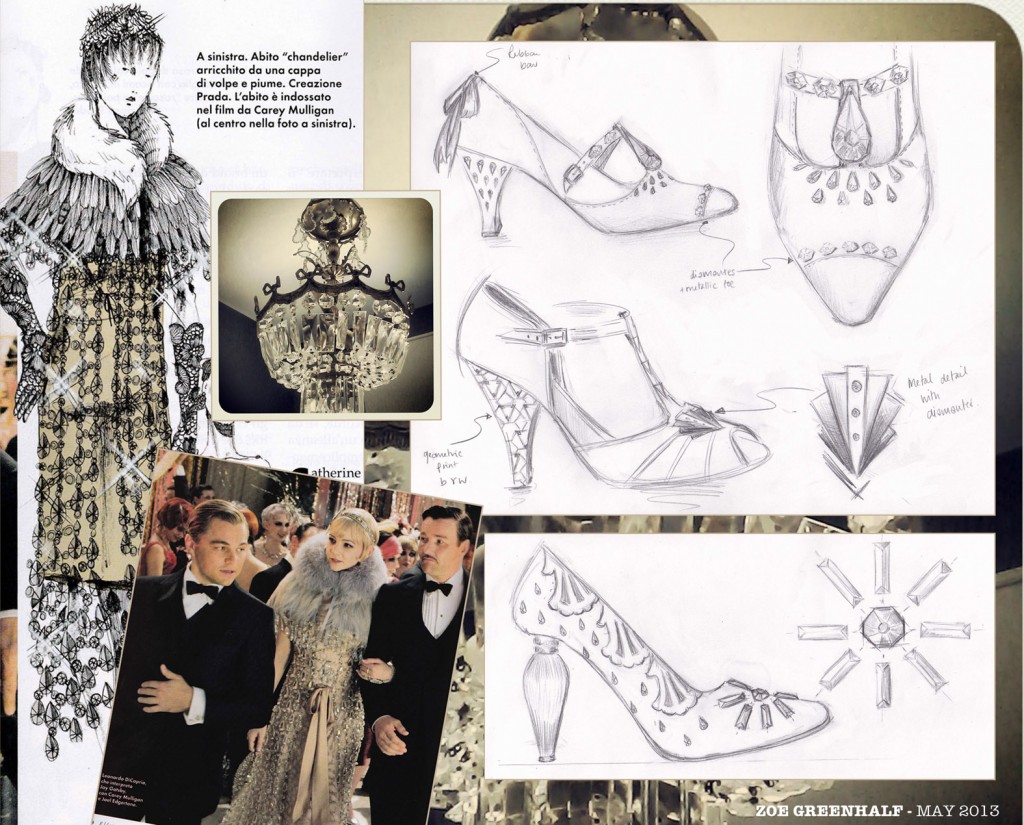 The Great Gatsby: Dress design by Prada and scene from the film (both taken from Elle Italia), chandelier photo taken in my bathroom(!) and sketches my own...